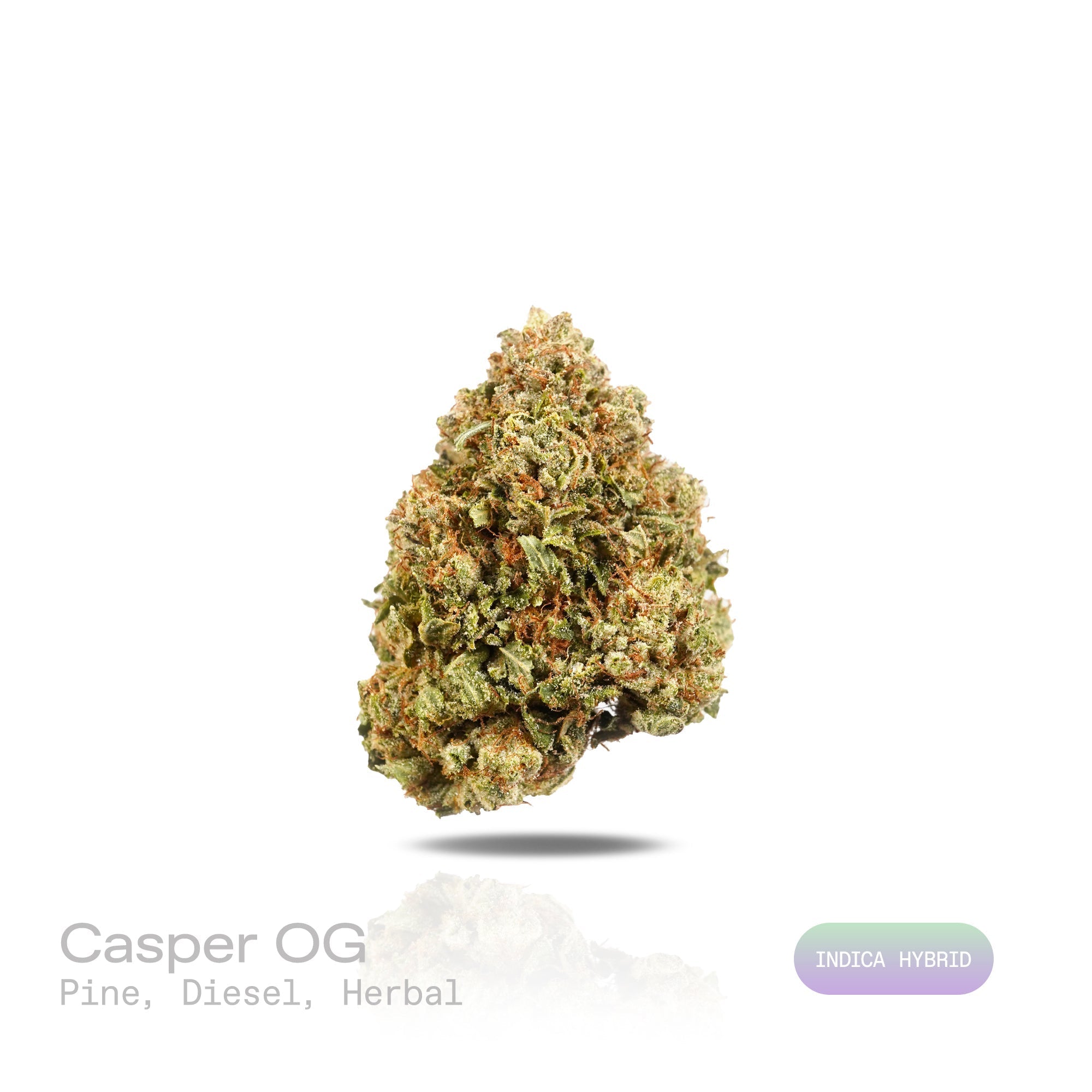 PUFFY Casper OG is an indica-dominant hybrid THCa strain, emerged from the formidable union of Face Off OG and Ghost OG Oreoz. The aroma is a bold and invigorating blend of fresh pine, sharp diesel, and earthy herbal notes, creating a distinctive and memorable scent experience. Visually, dense pistachio green buds with purple hues and fiery orange pistils are coated in sticky trichomes. Consumers often report experiencing deep relaxation, a sense of happiness, an uplifted mood, and a calm, sleepy feeling.